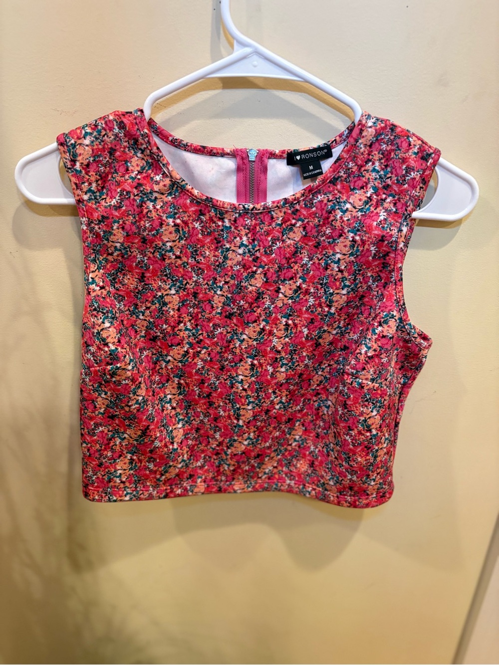 Pink Floral Crop Shell Top”I love Ronson” size medium